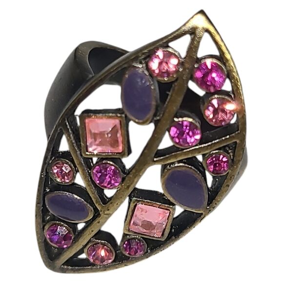 Pink & Purple Rhinestones Bronze Leaf Cut Out Cocktail Ring Size 7 - Picture 5 of 6